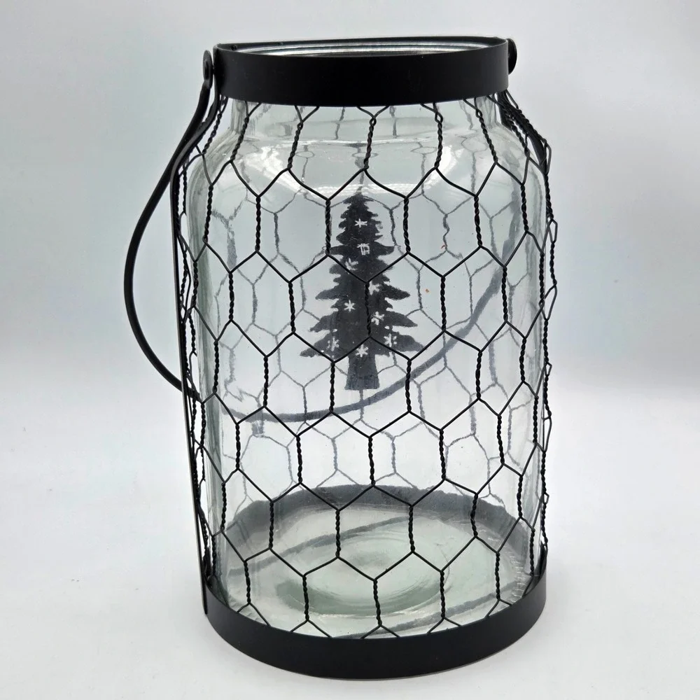 Large Lantern Jar Chicken Wire and Handle with Christmas Tree Country Farmhouse